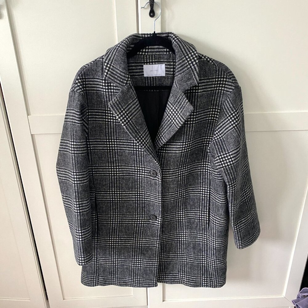 Oak + Fort Black and White Wool Blend Plaid Coat XS - Picture 1 of 14
